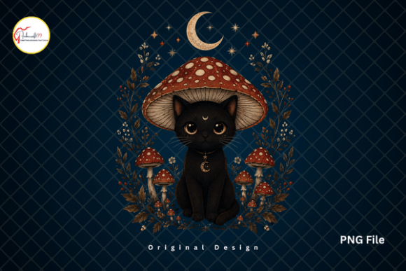 Download Cottagecore Mushroom Moon Black Cat PNG - Black cat Collection