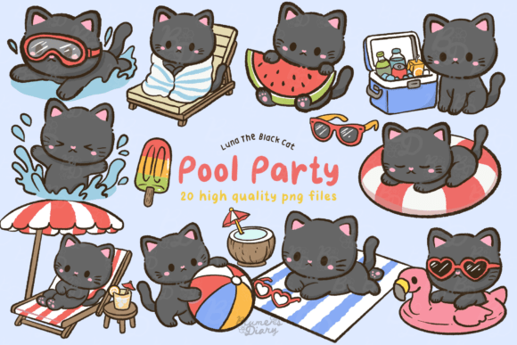 Download Kawaii Pool Party Black Cat Clipart - Black cat Collection