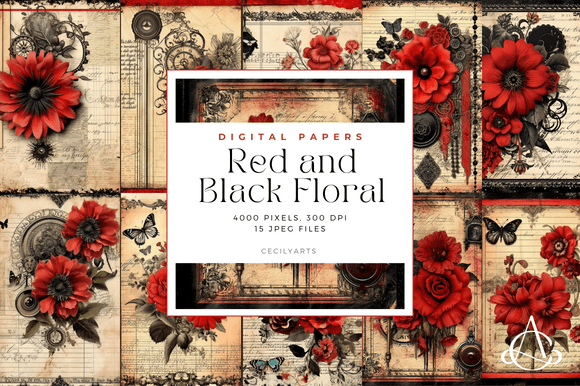 Download Red and Black Floral Junk Journal Pages - Red Collection