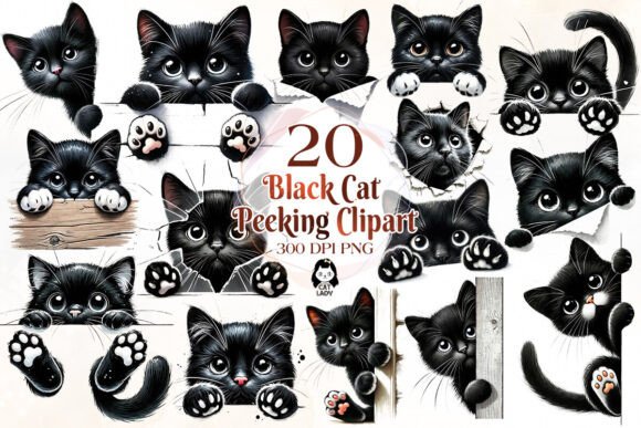 Download Cute Black Cat Peeking Clipart Bundle - Black cat Collection